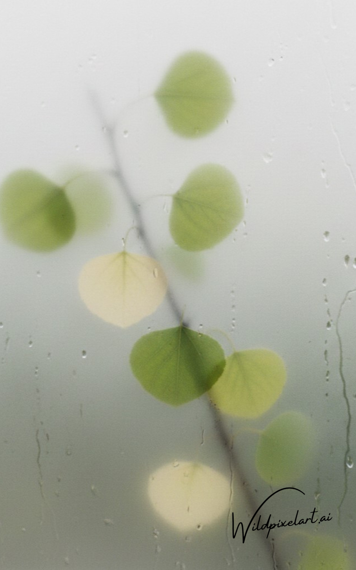 Green leaves through rain glass photography — WildPixelAI flora collection