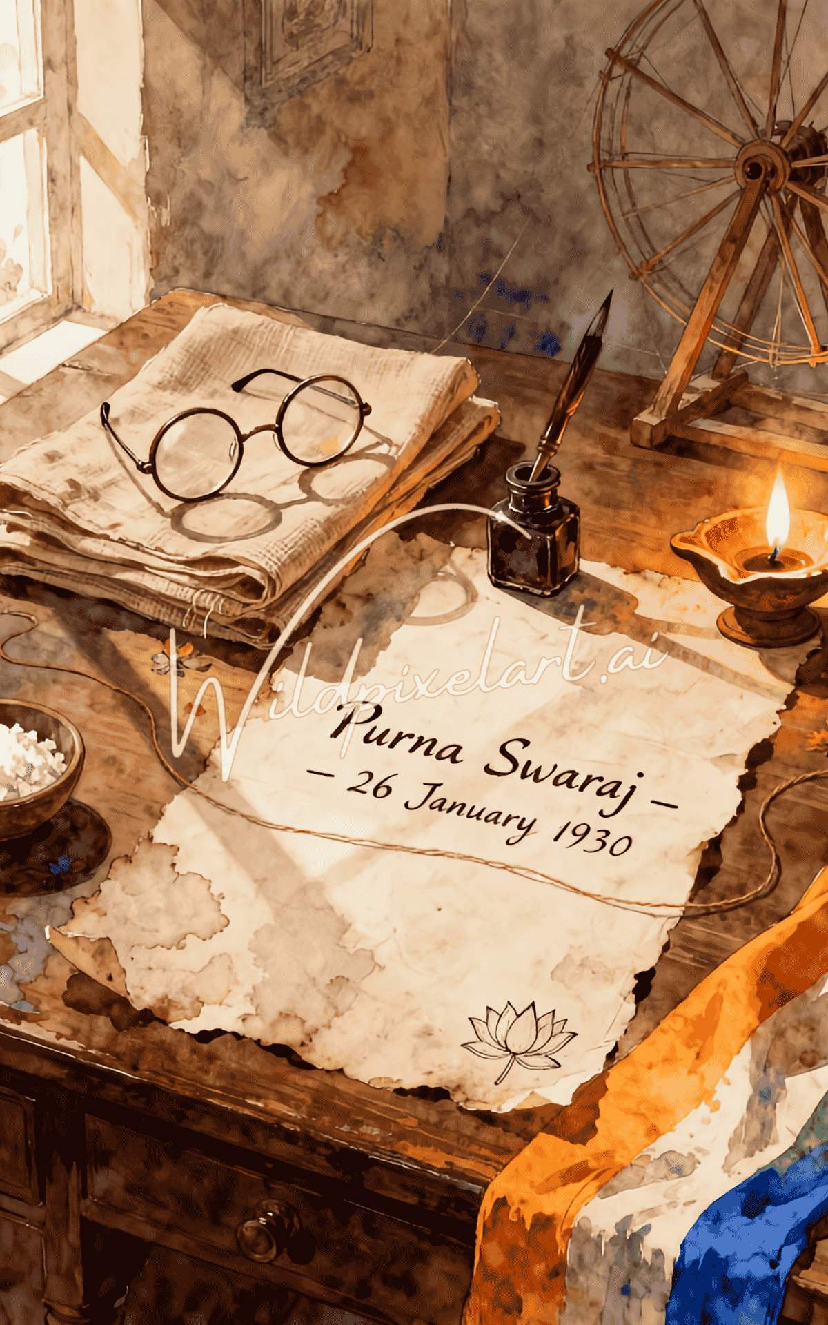 Purna Swaraj 1930 watercolour historical still life AI art — WildPixelAI India series