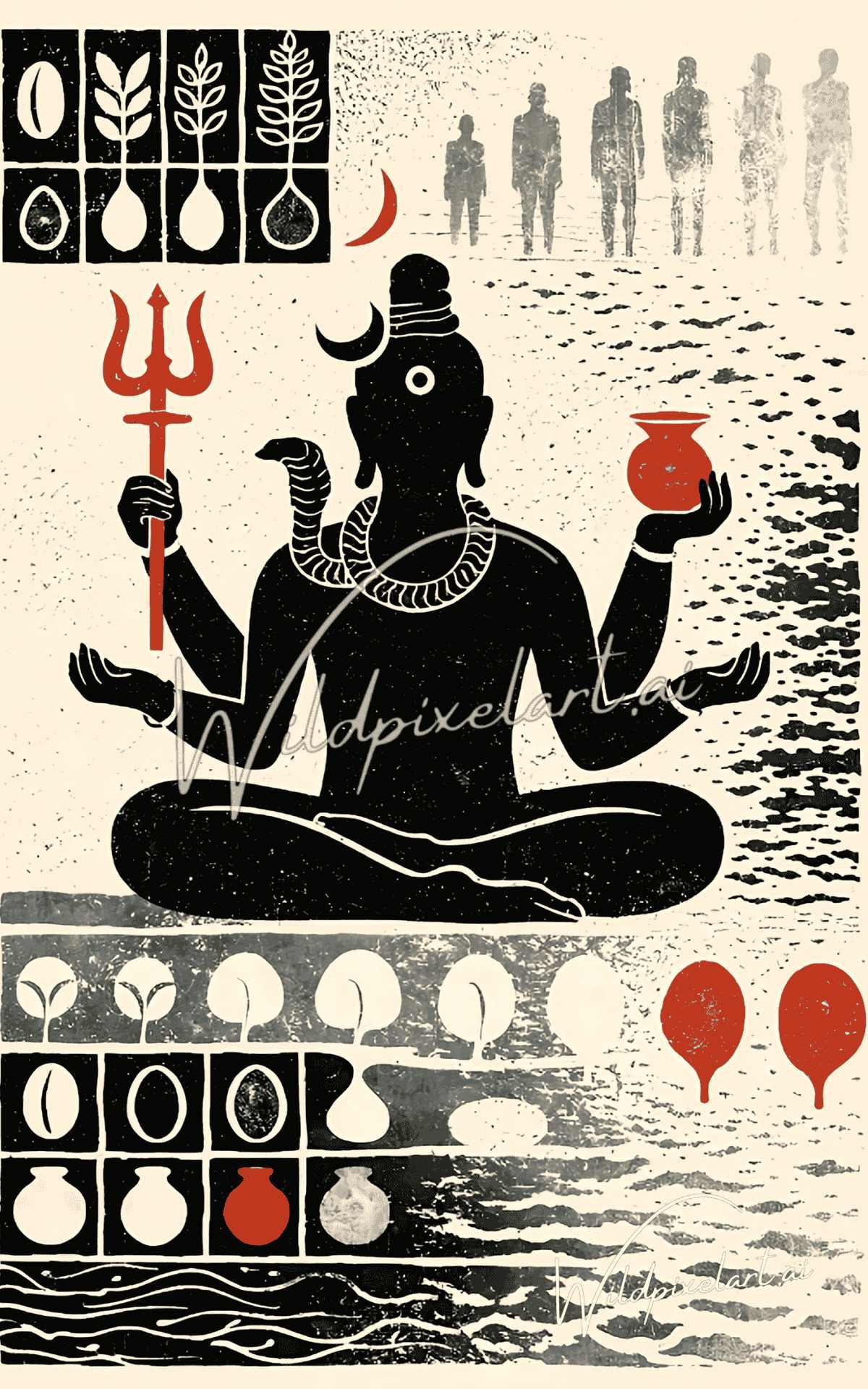 Shiva meditation linocut block print AI art — WildPixelAI mythology collection