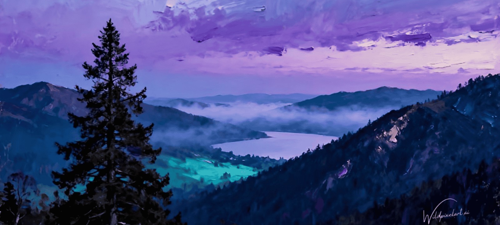 Purple mountain lake landscape painting AI art — WildPixelAI